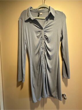 H&M Pale Blue Ruched Button-Front Midi Dress